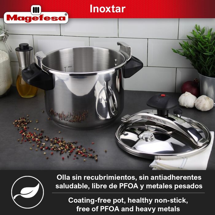 Скороварка Magefesa Inoxtar 10 л, нержавіюча сталь 18/10, індукція, здорове приготування, 5-шаровий термодно, поворотний замок