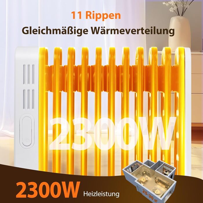 Електричний масляний радіатор Aigostar 2500W з пультом керування, 13 ребер, термостат, 3 режими нагріву, ECO режим, таймер 24г, LED дисплей, захист від перекидання та перегріву