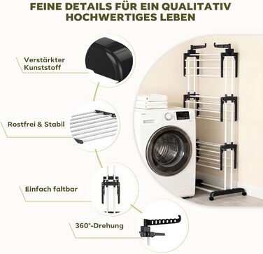 Сушарка для білизни Tower з колесами | 4-ярусна сушарка з нержавіючої сталі з 6 відкидними крилами та 2 боковими сторонами | 76x50x172 см | Компактна, складна для балкона, ванної кімнати та саду | Чорний