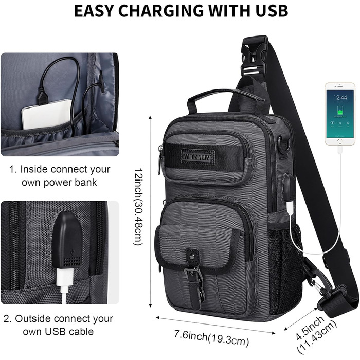 Сумка-слінг чоловіча WITZMAN для подорожей, нагрудна сумка, 8L, USB-порт для зарядки, легка чоловіча/жіноча сумка на плече