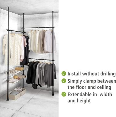 WENKO Telescopic System Hercules Duo, 3 Clothes Rails, 2 Storage Baskets, Extendable, Powder-Coated Metal, 164-215 x 165-300 x 38 cm, Matte Black