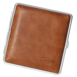 Leather cigarette case, 9.5 x 8.5 x 2 cm, for 20 cigarettes with elastic band (Light Brown)
