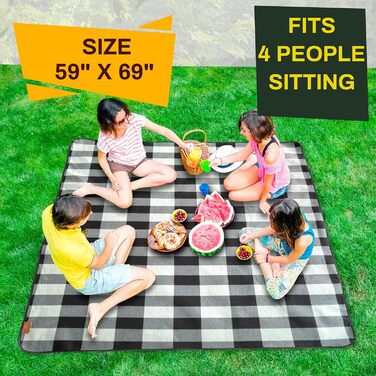 Переносний плед для пікніка 3-шаровий, м'який флісовий, водонепроникний, для пляжу, кемпінгу, сімейний, чорно-сірий в клітинку