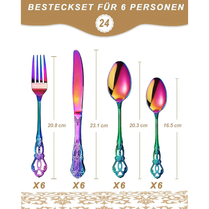 Набір столових приборів Retro на 6 осіб з нержавіючої сталі, 24 предмети, антикварний бароковий дизайн (Райдуга)