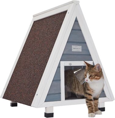 Вуличний будиночок для котів Petsfit з евакуаційними дверима, дерев'яний, водостійкий, сірої фарби, із ялинового дерева