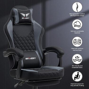 Геймерське крісло Racing Ergonomic Stoff – чорно-сіре з підставкою для ніг та регульованою спинкою (135°)