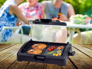 BEPER Electric Grill with Glass Lid - Non-Stick Coated Grill Plate, Stainless Steel, 2200W, Black