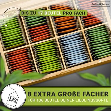 Paulson & Svenson® Sustainable Tea Box with 8 Compartments - Tea Bag Storage Made of Certified Bamboo Wood with Airtight Magnetic Closure and Viewing Window