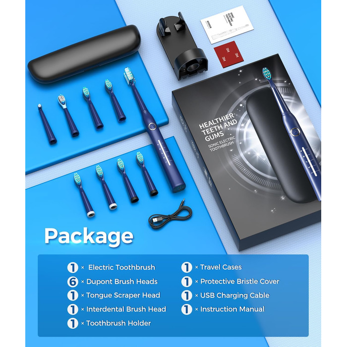 Електрична зубна щітка Demita зі звуковими коливаннями, 8 насадок, 40000 VPM, 5 режимів, швидка зарядка (30 днів роботи), чохол для подорожей (S1, 5-deepblue)