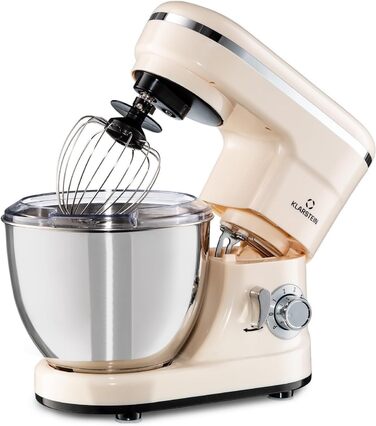 Klarstein Bella Kitchen Machine - Stand Mixer with 6 Speed Settings, Stainless Steel Beater, Pulse Function, Planetary Mixing System, 3 Mixing Attachments, 1200 W Power, cream