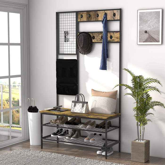 HOMCOM Wardrobe in Industrial Design, 1 Memo Board, 1 Shoe Bench, 8 Clothes Hooks, 1 Storage Bag, Black + Brown