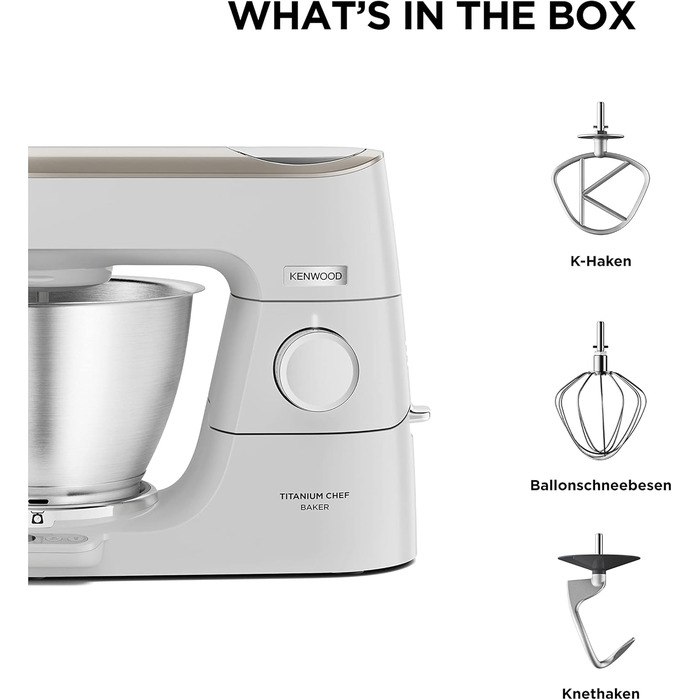 Кухонна машина Kenwood Titanium Chef Baker KVC65.001WH з вбудованими вагами, 1200 Вт, 3 насадки для кондитерських виробів, лопатка та захист від бризок, біла