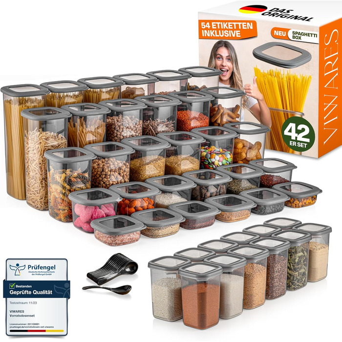 Набори контейнерів для зберігання продуктів з кришкою, 12 шт. BPA-Free, для крупи, борошна, спецій. Практичні органайзери для кухні, герметичні контейнери для харчових продуктів (сірий, 42 шт.)