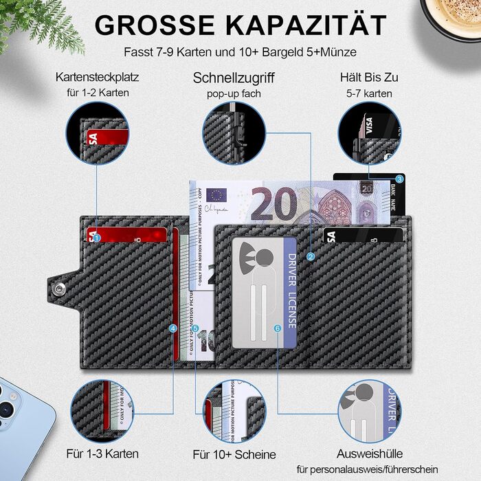 Чоловічий гаманець з відділенням для монет та RFID захистом, Slim Wallet Pop-up, гаманець для 9-11 карт, ID-вікно, відділення для грошей, Smart Wallet для чоловіків (карбон)