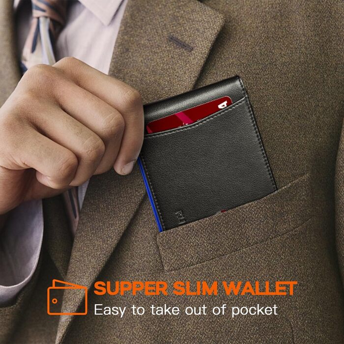 Чоловічий гаманець RUNBOX з натуральної шкіри, Slim модель, RFID захист, з кліпсою для грошей, подарункова коробка, синьо-чорний колір