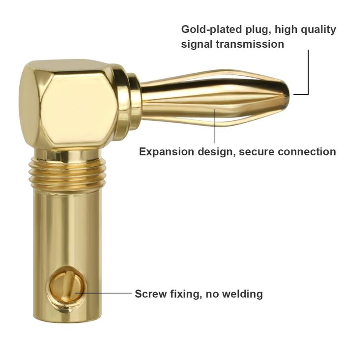 4 шт. Бананові конектори для акустики 4.5 мм, 90 градусів, позолочені 24K, для підключення до підсилювача, ресивера, стереосистеми