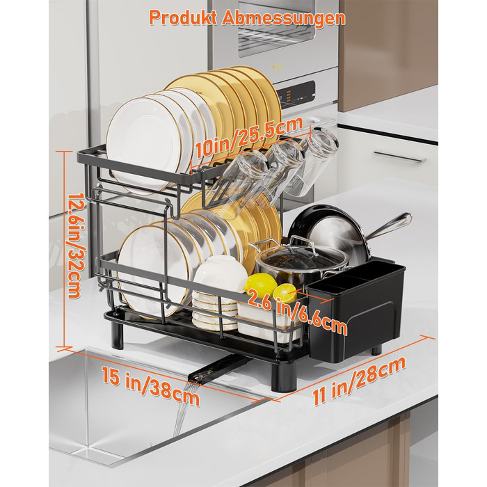 LIONONLY Dish Drainer Rack, Small 2-Tier Dish Rack with Drip Bowl, Stainless Steel Dish Drainer with Utensil Holder, Drink Holder and Swivel Spout, Dish Drying Rack Kitchen
