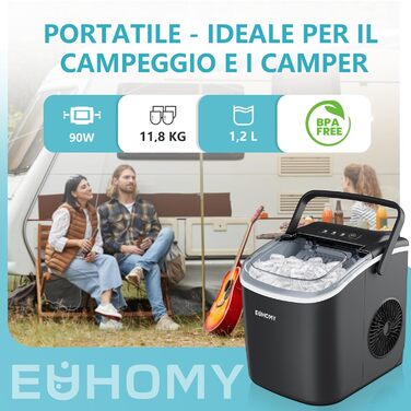 Машина для приготування льоду EUHOMY, 12 кг/24 год, чорна, 45 дБ, з кошиком та лопаткою