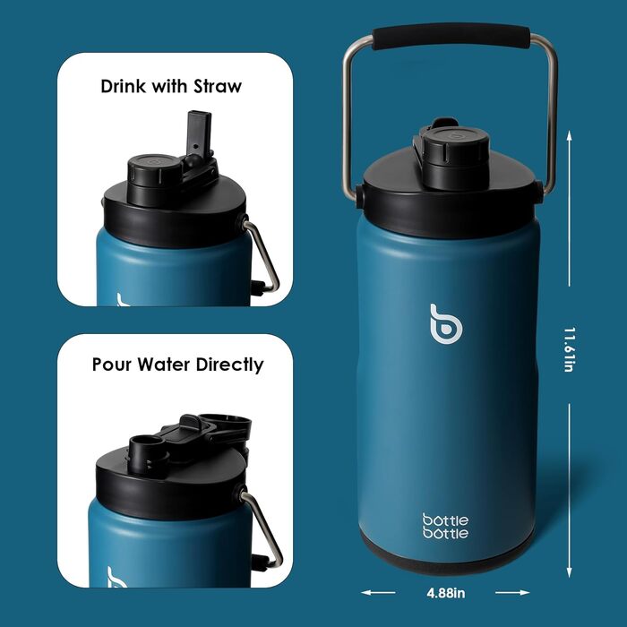 BOTTLE BOTTLE Insulated Stainless Steel Water Bottle 64oz (1.8L) with Straw, Lid, Handle & Pill Compartment – BPA-free, Leak-proof, Ideal Water Bottle for Sports, Fitness, Hiking & Outings (Dark Blue)