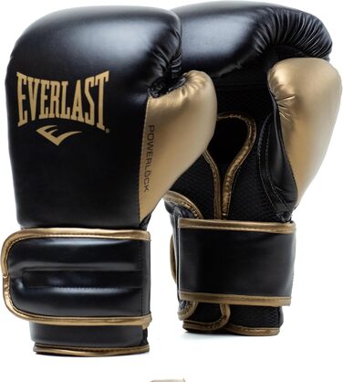 Боксерські рукавички Everlast Powerlock 2R, 12 oz, чорний/золотий – для спарингу, тренування на боксерському мішку, з підтримкою зап'ястя, 4-шаровий шар, оригінальна екіпіровка Everlast