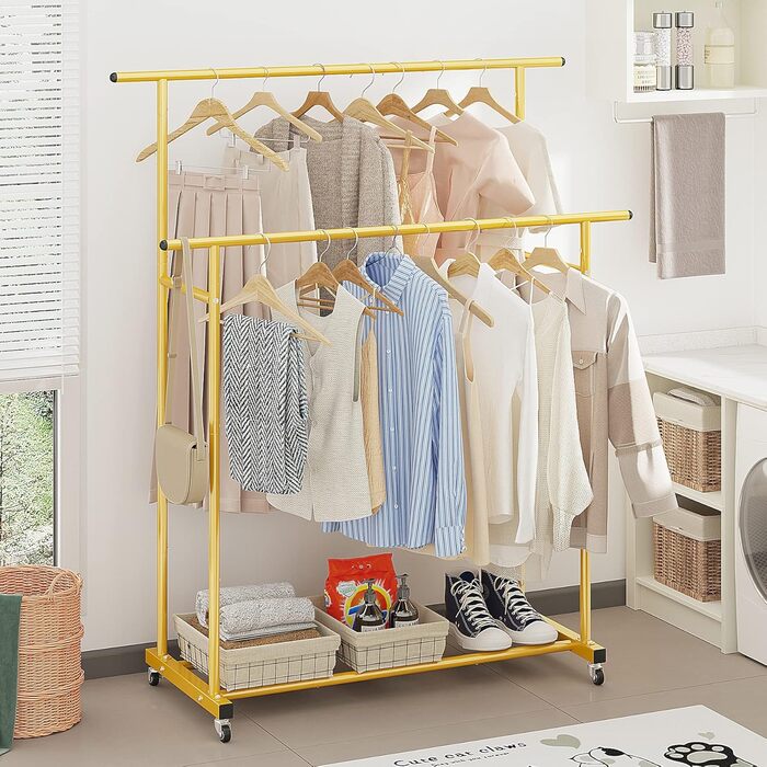 Clothes rack with double bar, rolling clothes rack, portable clothes rack for bedroom, living room, clothing store, gold