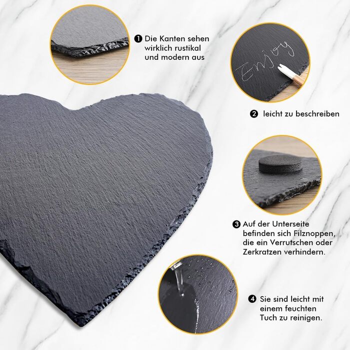 Large Slate Heart 30 cm, 2-Piece Set, Slate Heart Plate with Chalk Marker, Black Slate Serving Platter, Slate Hearts for Serving & Labeling