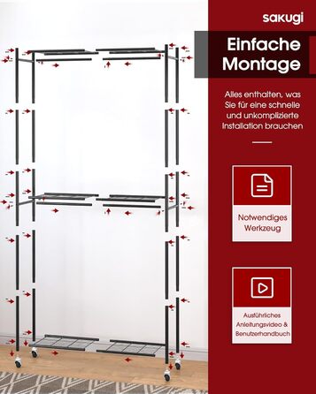 Стійка для одягу на колесах з полицями та гачками, металева, 84 x 31 x 202 см, чорна