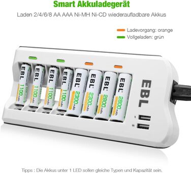 Зарядний пристрій EBL для акумуляторів AA/AAA NI-MH/NI-Cd та USB пристроїв, 8 слотів, LED дисплей, 2 USB порти (без акумуляторів)