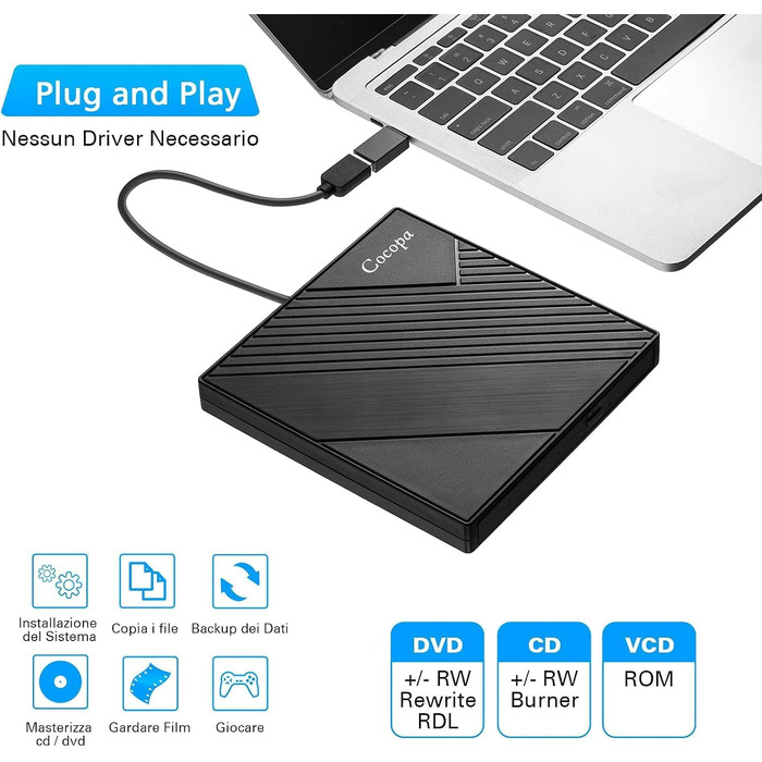 Зовнішній USB 3.0 CD/DVD-привід Cocopa Masterizzatore: портативний Ultra Slim DVD-RW/CD-RW плеєр для ноутбука та ПК (Windows, macOS, Linux)