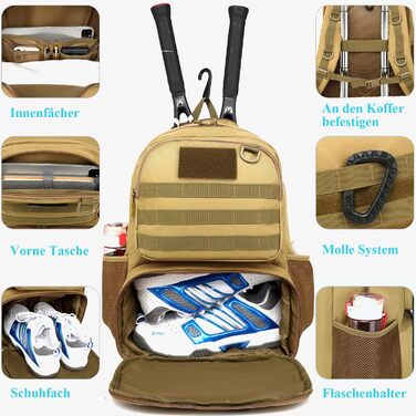 BlesMaller Tactical Tennis Backpack with Shoe Compartment & Racket Protection - Unisex Tennis Bag (Brown)