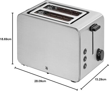 WMF Stelio 2-Slice Stainless Steel Toaster, Double-Slot Toaster with Bread Roll Attachment, Bagel Function, 7 Browning Levels, 900 W, Matte Stainless Steel Toaster