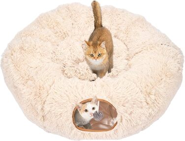 Cat Tunnel with Central Cushion, Soft Cat Toy Round Multi-Function Cat Bed - (Beige)
