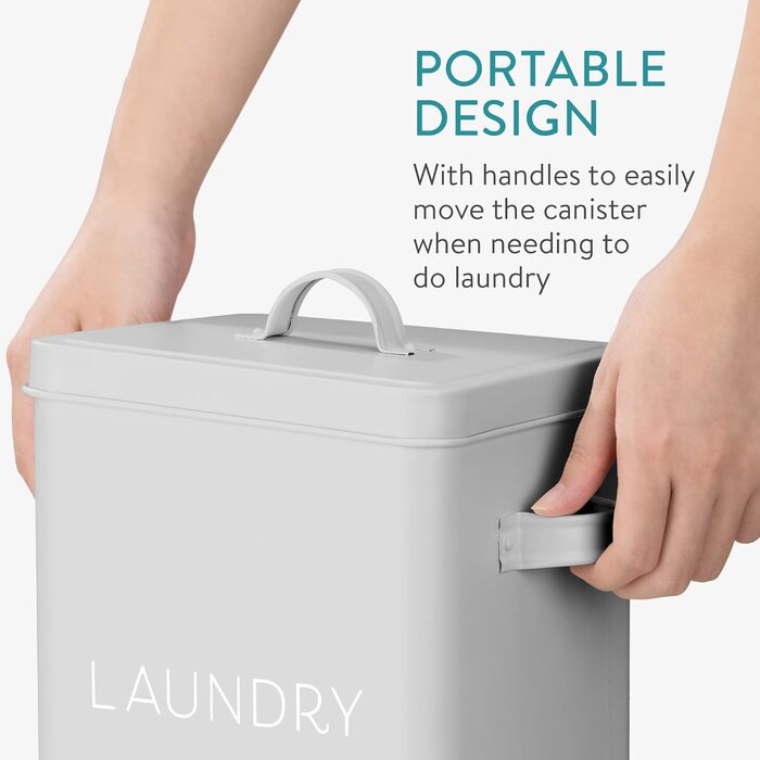Navaris Laundry Detergent Box with Measuring Spoon - Metal Storage Box for Detergent - Laundry Dose Lid - Vintage Washing Powder Box Container - white (Grey)