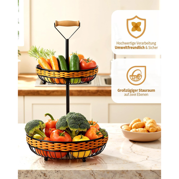 Двоярусний кошик для фруктів LEEJARD з синтетичного ротангу, знімний піддон, чорний (H:45 Dm:29 см)
