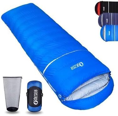 Сплячий мішок пуховий, 4-сезонний, зимовий -3°C до -20°C. Підходить для кемпінгу, походів та відпочинку на природі для дорослих та дітей. Колір: блакитний. Температурний режим: -3°C до -12°C