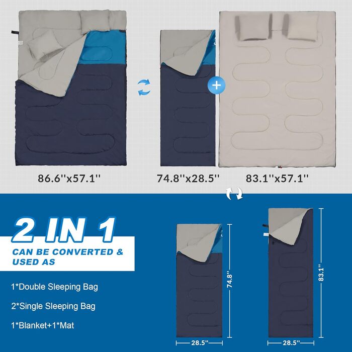 Спальний мішок Elevon для дорослих, підлітків та дітей, 3-4 сезони, водонепроникний, компактний, для кемпінгу, рюкзаків, подорожей, зелений (2 особи)