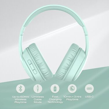 PowerLocus P7 Bluetooth навушники Over-Ear, складані, бездротові з басами, Hi-Fi стерео, з функцією гучного зв'язку, USB-C зарядка та тривалий час роботи для iPhone/PC/TV (М'ятний колір)
