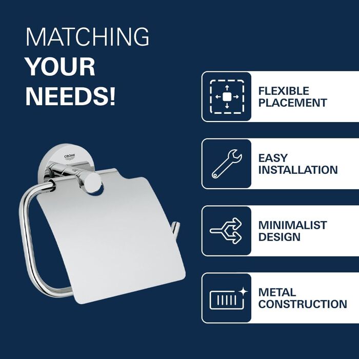 Тримач для туалетного паперу GROHE Essentials, хромований, круглий, з кришкою (набір 2 шт.), монтаж без свердління, арт. 40367001