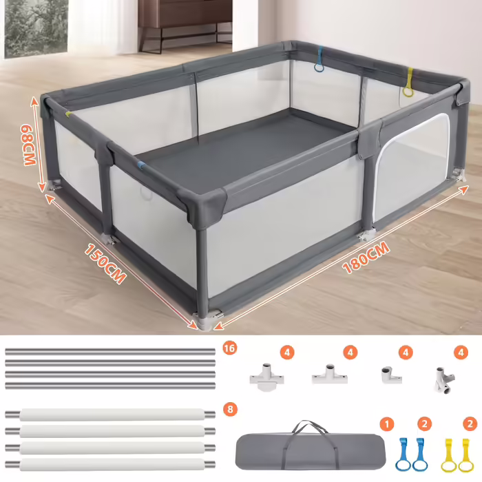 IBVIVIC Playpen Baby Playard 150x180cm, Playpen Baby 300D Oxford Fabric with Breathable Mesh, Non-Slip Base, Baby Fence for Infants Toddlers, Dark Gray Dark Gray 150x180cmx68cm