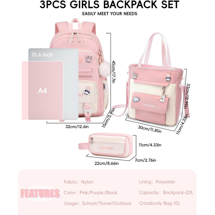 Рюкзак Tanou для дівчаток, шкільний набір: рюкзак, сумка через плече та пенал, casual рюкзак для школи, рожевий