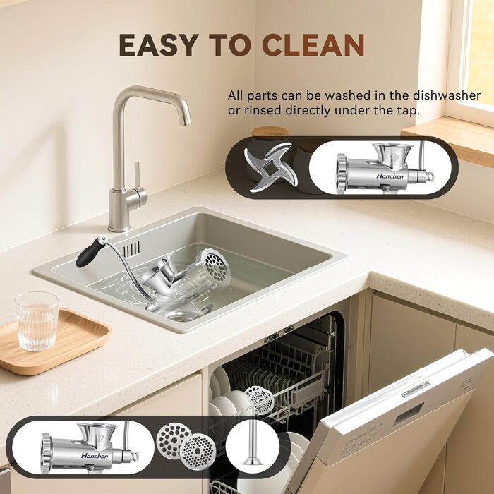 М'ясорубка ручна Hanchen з нержавіючої сталі з присоскою, насадка для ковбас, 2 диски, подрібнювач овочів - професійна
