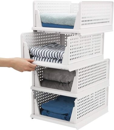 4 Pack Stackable Foldable Closet Storage Box Organizer (Easy Open and Fold), Plastic Closet Shelf Organizer Box, Bedroom, Kitchen (White)