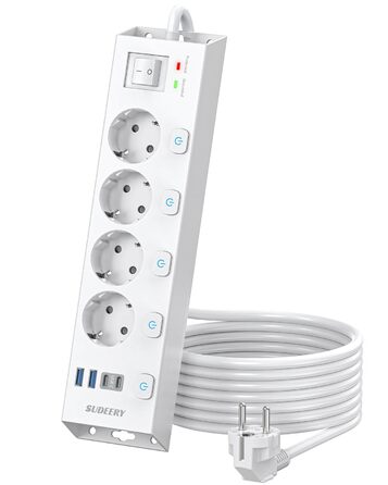Мережевий фільтр Steckdoseleiste 5-фазний з індивідуальним вимикачем, захистом від перенапруги 1050J, для дому та офісу, кабель 2м (4 фази з USB, білий)