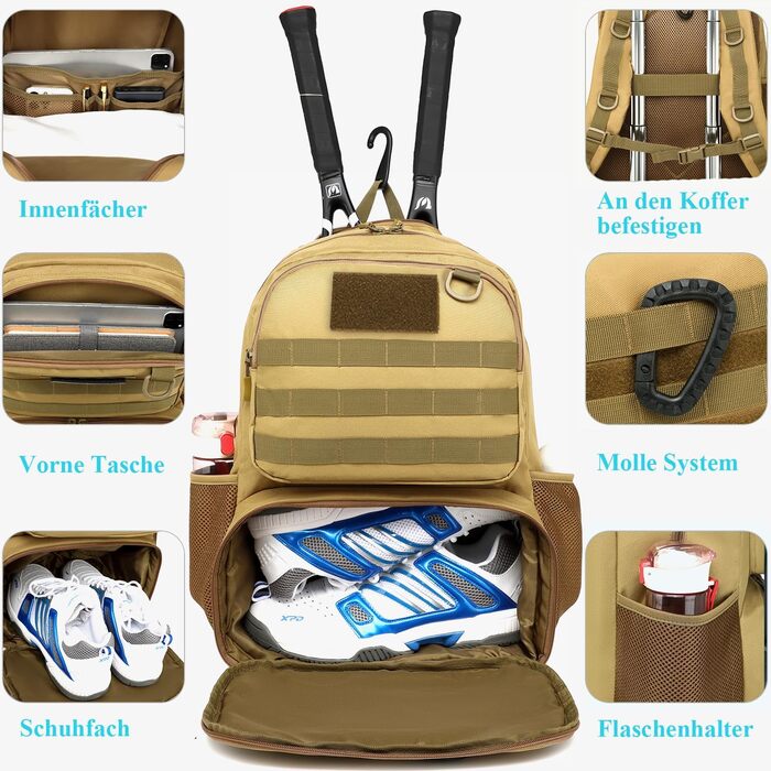 BlesMaller Tactical Tennis Backpack with Shoe Compartment & Racket Protection - Unisex Tennis Bag (Brown)