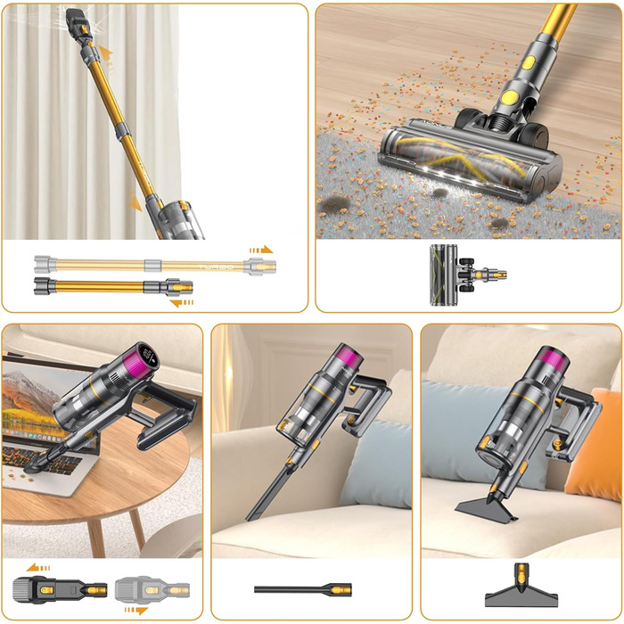 Бездротовий пилосос Aonus 55Kpa 580W з дисплеєм, час роботи до 75 хв, автоматичний режим, для килимів, шерсті тварин та твердих поверхонь, золотий