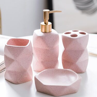 Bathroom Accessories Set, including soap dispenser, toothbrush holder, cup, soap dish, modern, elegant, bathroom organizer, ceramic bathroom decor set (Pink)