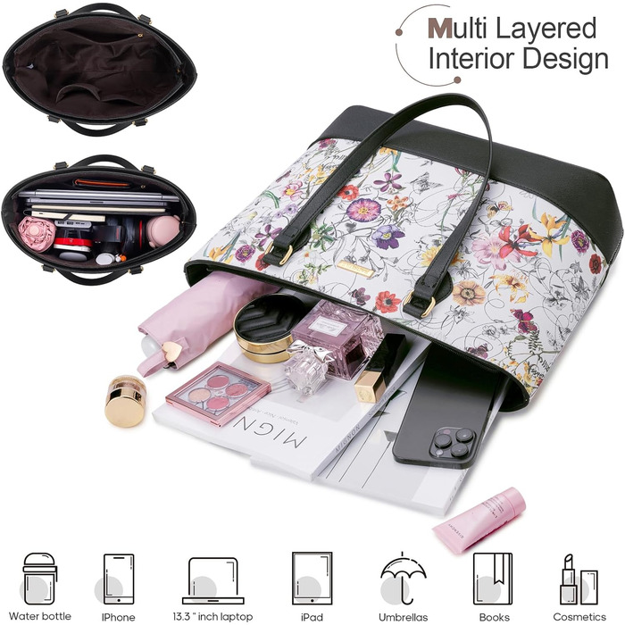 Bagsure Сумка жіноча 4 в 1: сумка-шопер, сумка на плече, ділова сумка для офісу, школи, подорожей (квітковий принт)