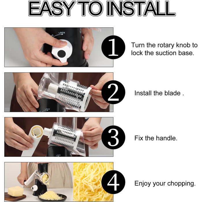 Ручна тертка Ourokhome Rotary: тертка для сиру, овочів, горіхів, картоплі, моркви (3 леза, чорний)