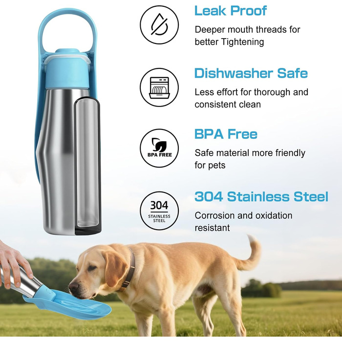 Водяна пляшка для собак на прогулянці - не протікає, з нержавіючої сталі, подвійні стінки, вакуумна ізоляція, 750 мл (Блакитна)