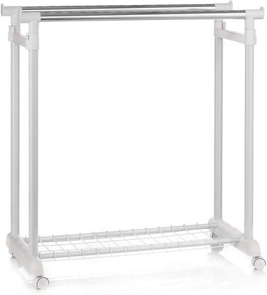 IDIMEX Wardrobe Trolley Grosso Clothes Rack Rolling Wardrobe Clothes Stand, with Shoe Shelf, 2 Clothes Rails, Height Adjustable, Chrome-Plated Metal Tube, in White